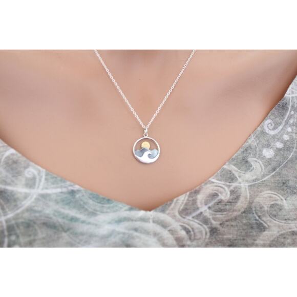 Silver Mountain and Ocean Charm with Bronze Sun Necklace - Picture 2 of 4